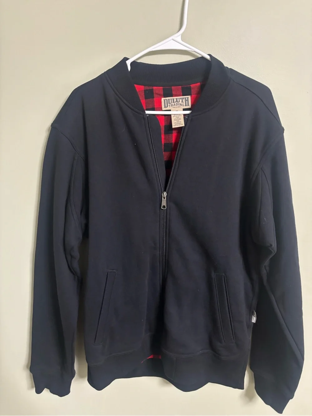 Duluth Trading Jacket Mens Medium Black Souped Up Flannel Lined Bomber Full Zip